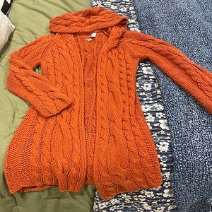 Vintage soft cable knit hooded orange Y2K cardigan 2001